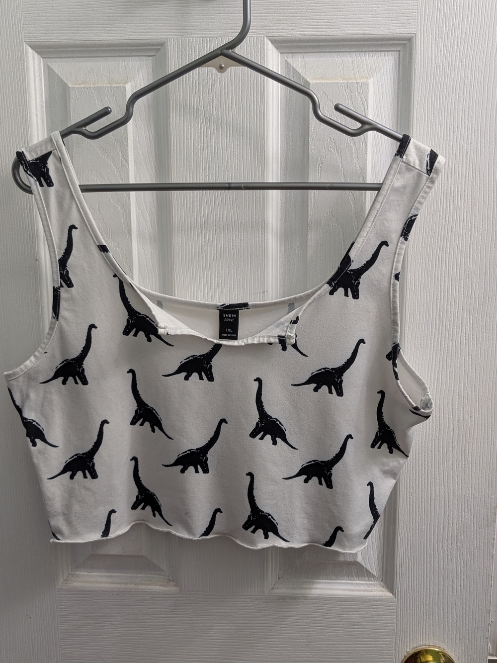 SHEIN White Cropped Tank Top with Black Dinosaur Motif
